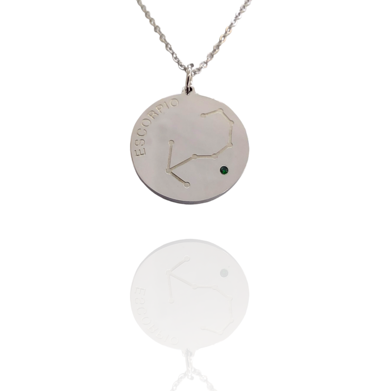 Collar Horóscopo de "Escorpio" en Disco de Acero Plateado Liso