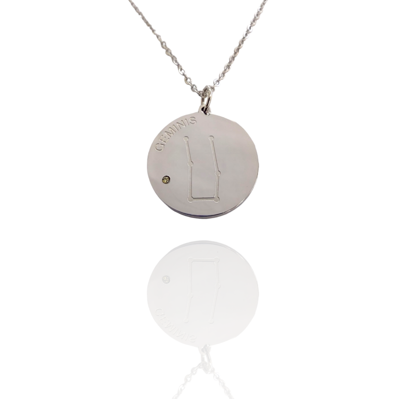 Collar Horóscopo de "Géminis" en Disco de Acero Plateado Liso