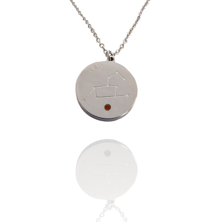 Collar Horóscopo de "Leo" en Disco de Acero Plateado Liso