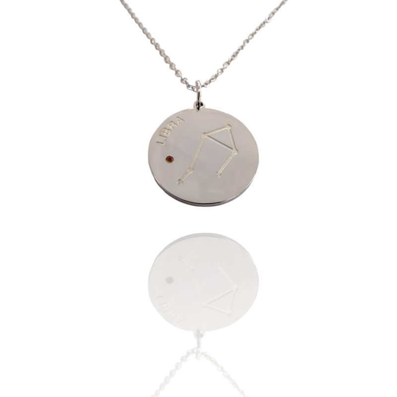 Collar Horóscopo de "Libra" en Disco de Acero Plateado Liso