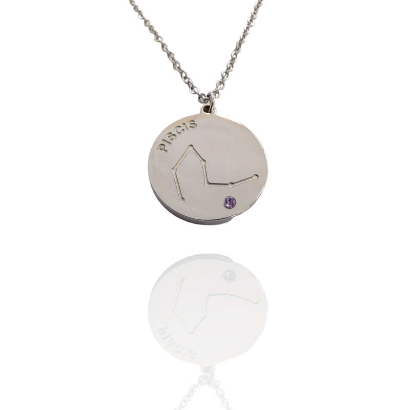 Collar Horóscopo de "Piscis" en Disco de Acero Plateado Liso