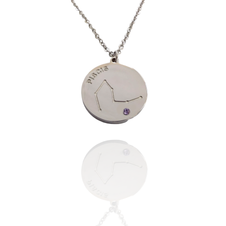 Collar Horóscopo de "Piscis" en Disco de Acero Plateado Liso